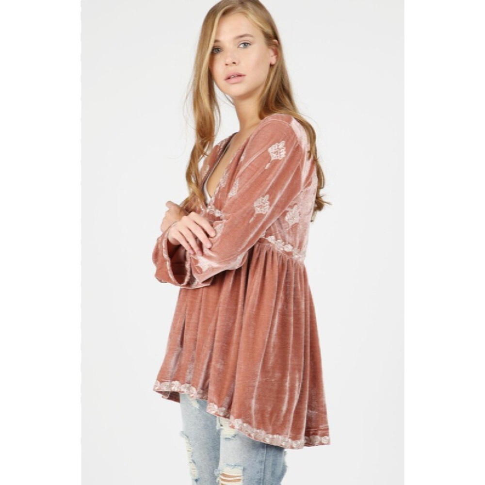 Deep V Neck Embroidered Velvet Tunic or Mini Dress - Picture 2 of 8